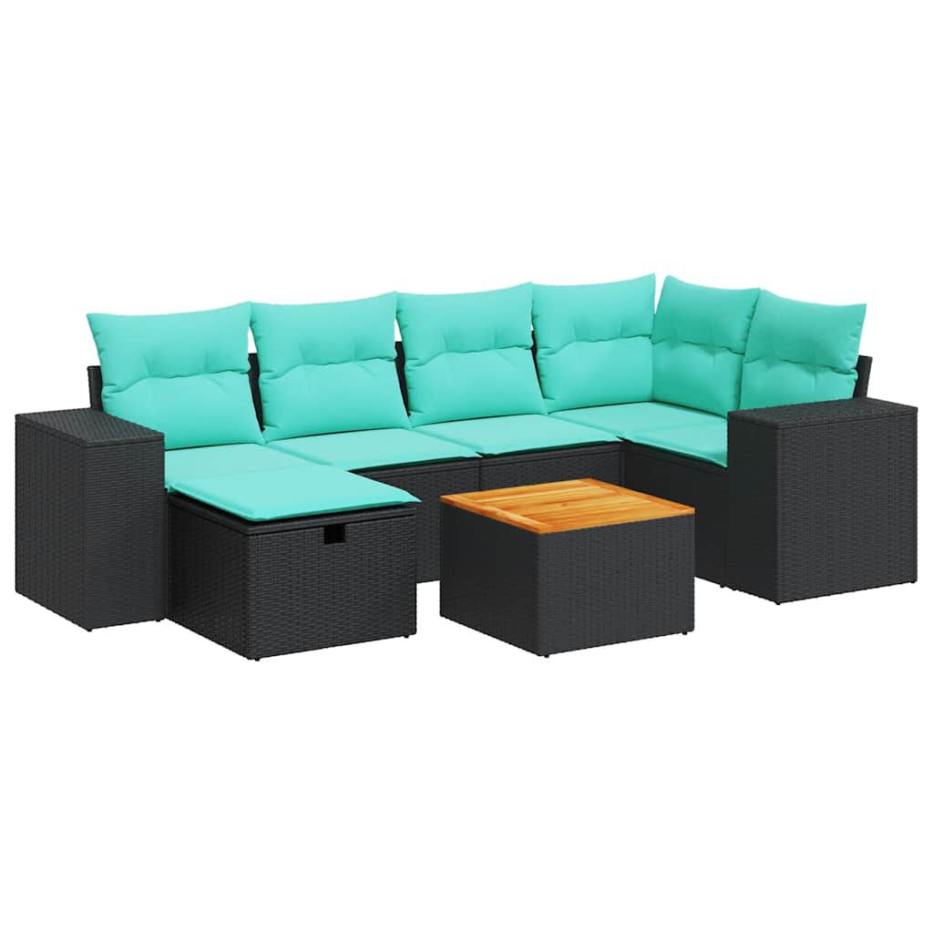 vidaXL 7 Piece Garden Sofa Set with Cushions Black Poly Rattan