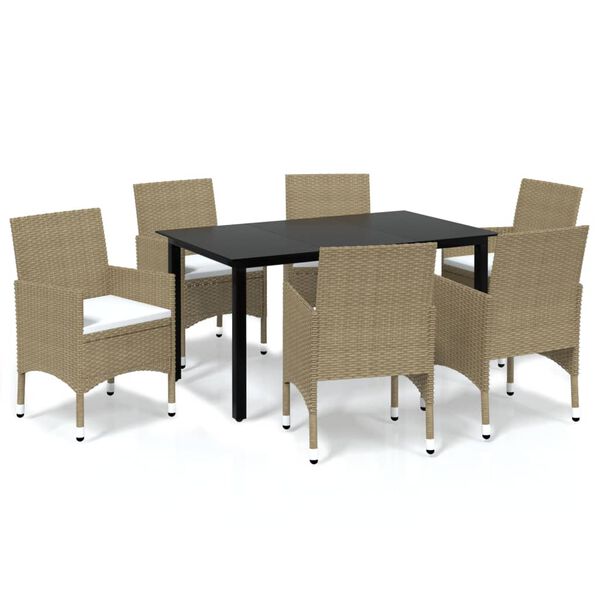 vidaXL 7 Piece Garden Dining Set with Cushions Poly Rattan Beige