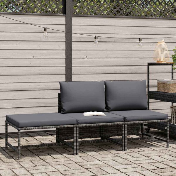 vidaXL 3 Piece Garden Sofa Set with Cushions Grey Poly Rattan