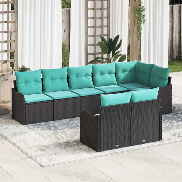 vidaXL Garden Sofa Set with Cushion 8 pcs Black, turquoise Poly rattan