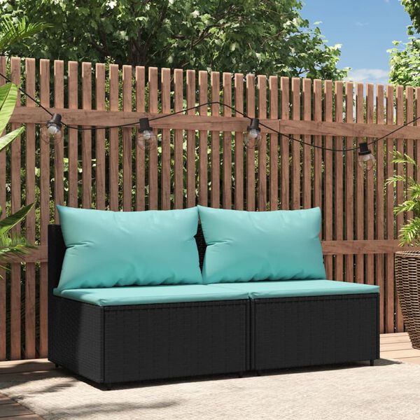 vidaXL Garden Middle Sofas with Cushions 2 pcs Black Poly Rattan