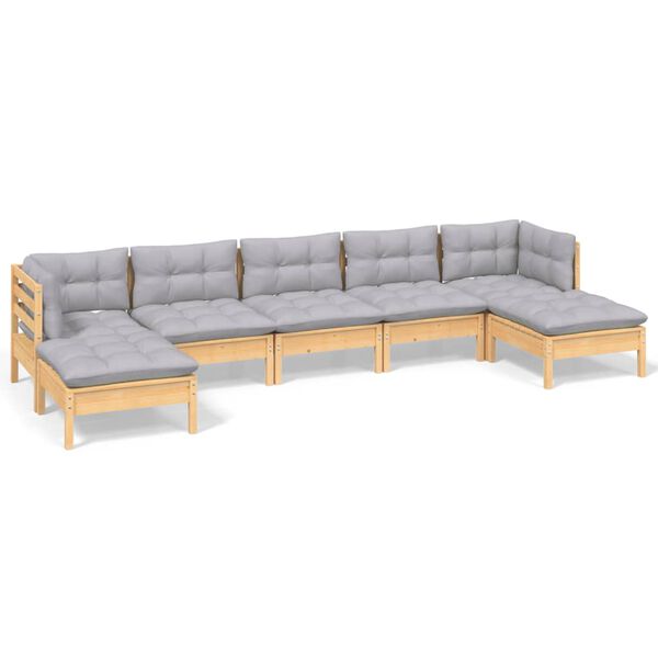 vidaXL 7 Piece Garden Lounge Set with Grey Cushions Pinewood