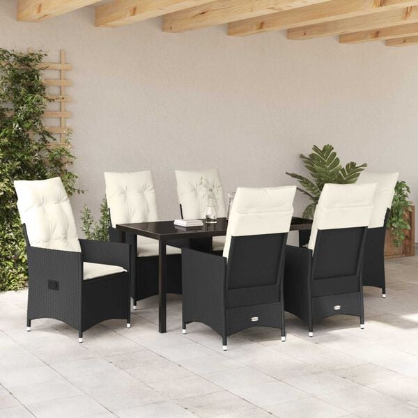 vidaXL Garden Dining Set with Cushion 7 pcs Black Poly Rattan