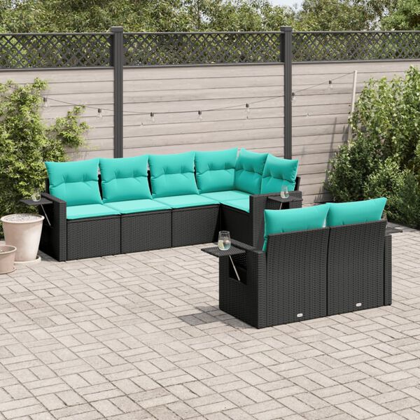 vidaXL 7 Piece Garden Sofa Set with Cushions Black Poly Rattan