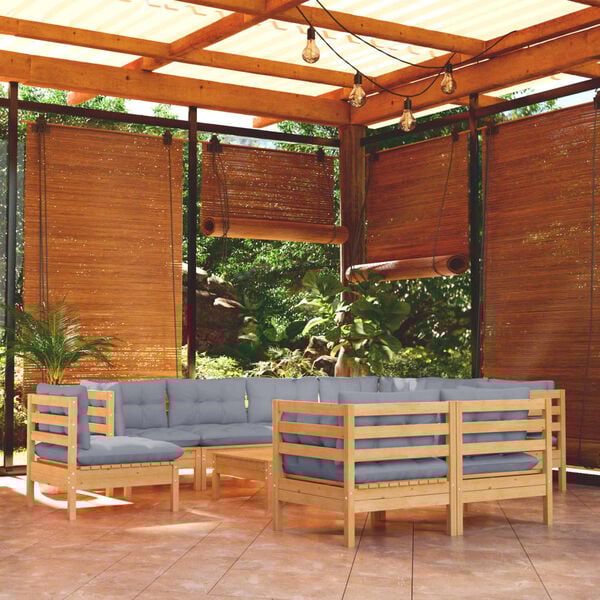 vidaXL 10 Piece Garden Lounge Set with Grey Cushions Solid Pinewood