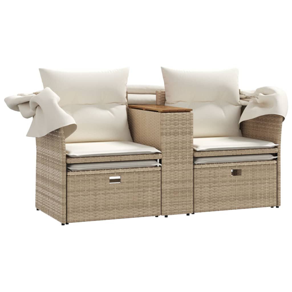 vidaXL Garden Sofa 2-Seater with Canopy and Stools Beige Poly Rattan