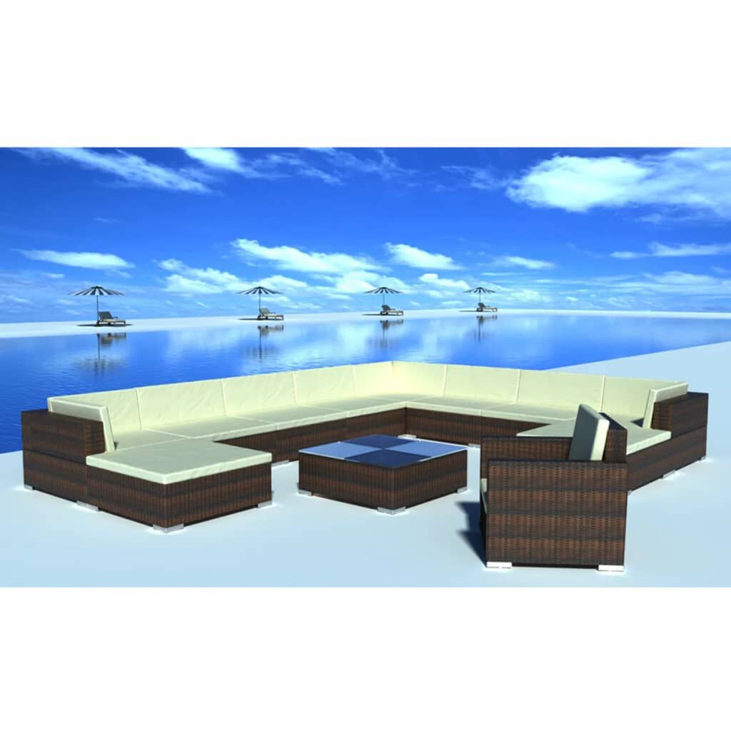 vidaXL 12 Piece Garden Lounge Set with Cushions Poly Rattan Brown