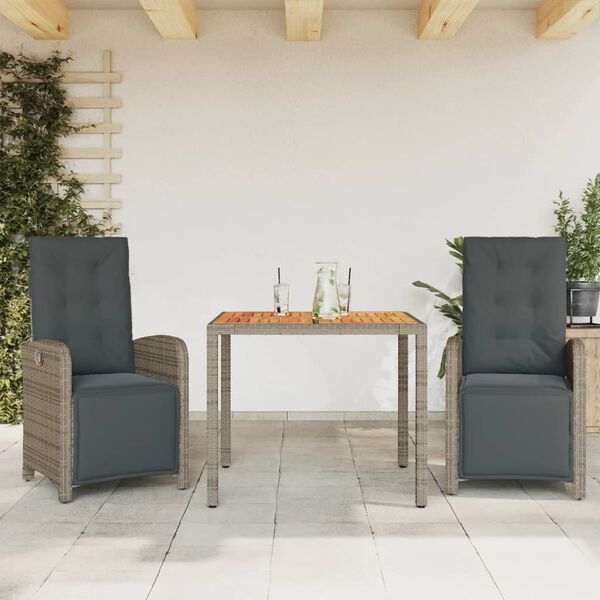 vidaXL 3 Piece Bistro Set with Cushions Grey Poly Rattan