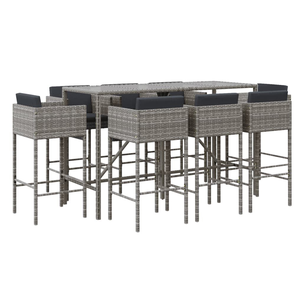 vidaXL 9 Piece Garden Bar Set with Cushions Grey Poly Rattan