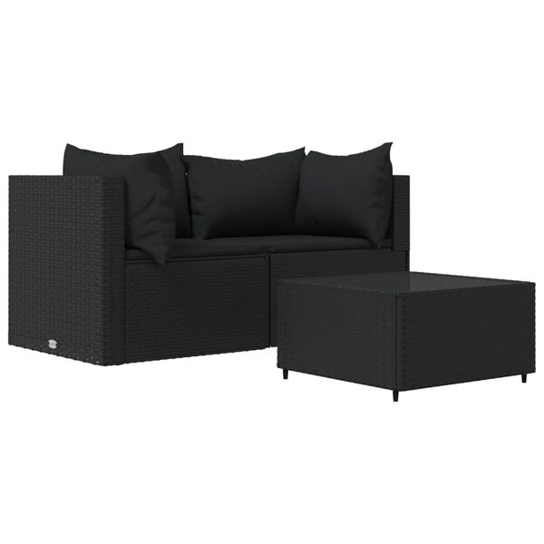 vidaXL 3 Piece Garden Lounge Set with Cushions Black Poly Rattan