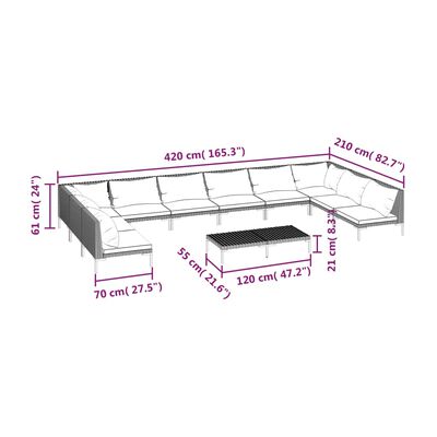 vidaXL 11 Piece Garden Lounge Set with Cushions Poly Rattan Dark Grey