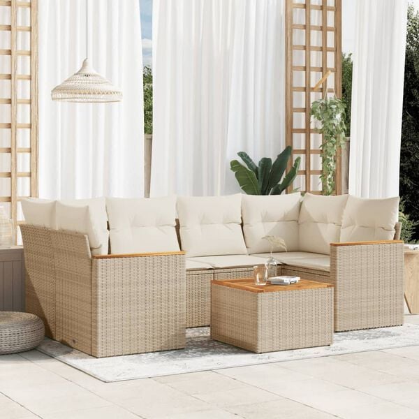 vidaXL 7 Piece Garden Sofa Set with Cushions Beige Poly Rattan