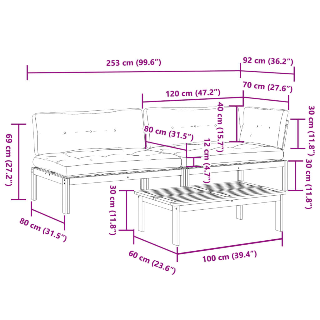 vidaXL 3 Piece Garden Pallet Sofa Set with Cushions Solid Wood Acacia