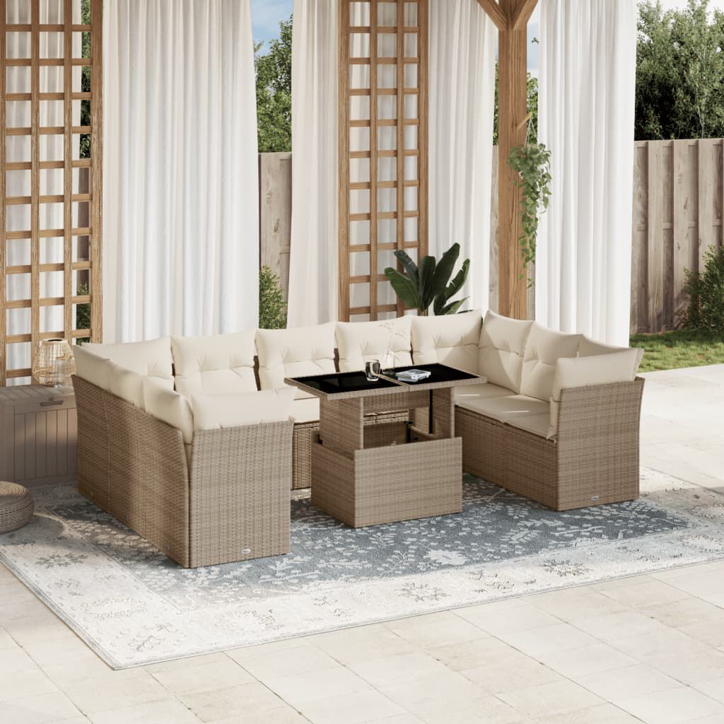 vidaXL 10 Piece Garden Sofa Set with Cushions Beige Poly Rattan