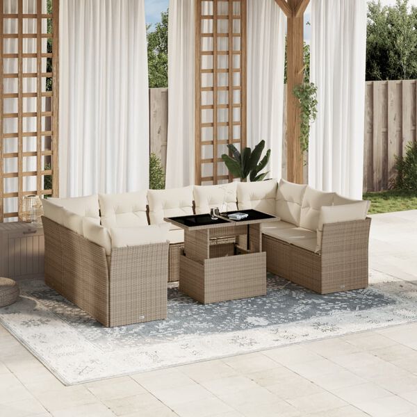 vidaXL 10 Piece Garden Sofa Set with Cushions Beige Poly Rattan