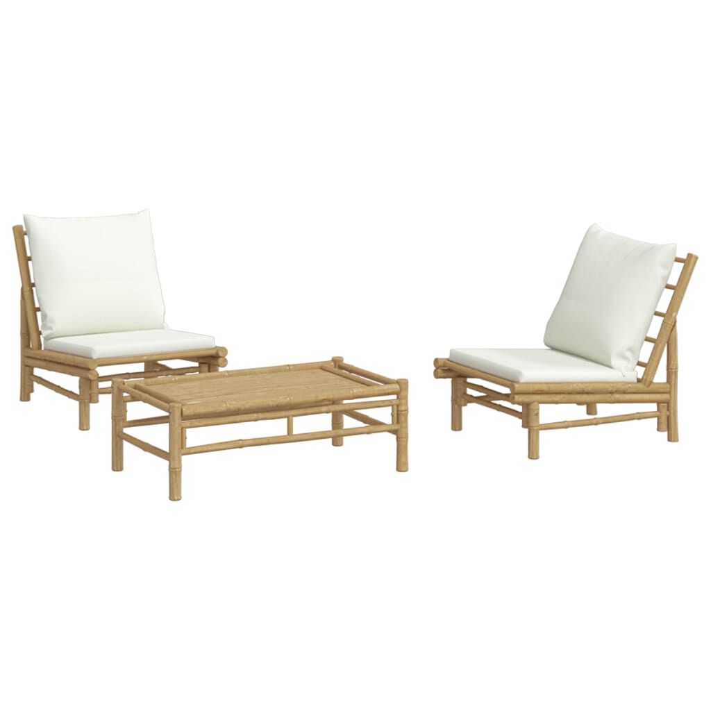 vidaXL 3 Piece Garden Lounge Set with Cream White Cushions Bamboo