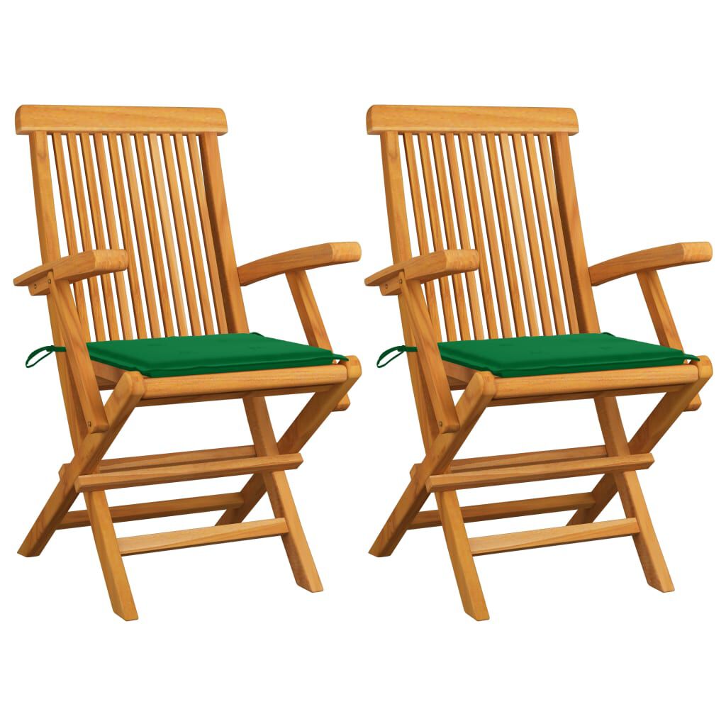 vidaXL Garden Chairs with Green Cushions 2 pcs Solid Teak Wood