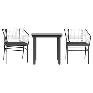 vidaXL 3 Piece Garden Dining Set with Cushions Black Poly Rattan Glass
