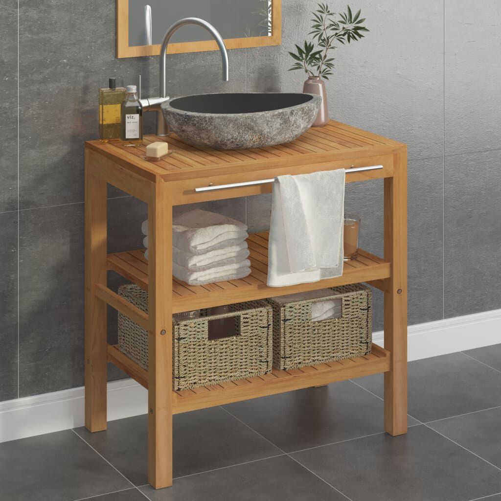 vidaXL Bathroom Vanity Cabinet Solid Teak with Sink River Stone Black
