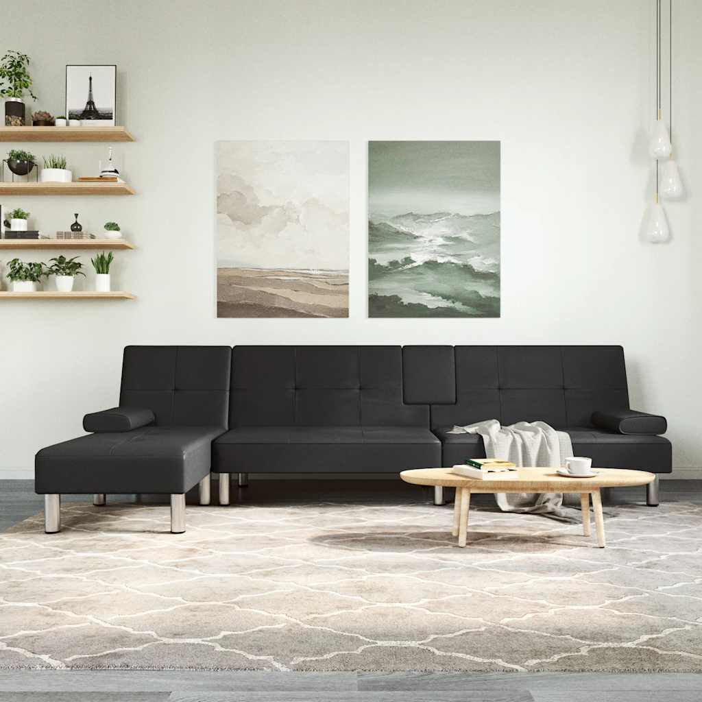 vidaXL L-shaped Sofa Bed Black 255x140x70 cm Faux Leather