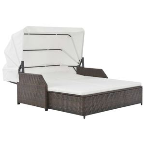 vidaXL 2-Person Sun Lounger with Canopy Poly Rattan Brown