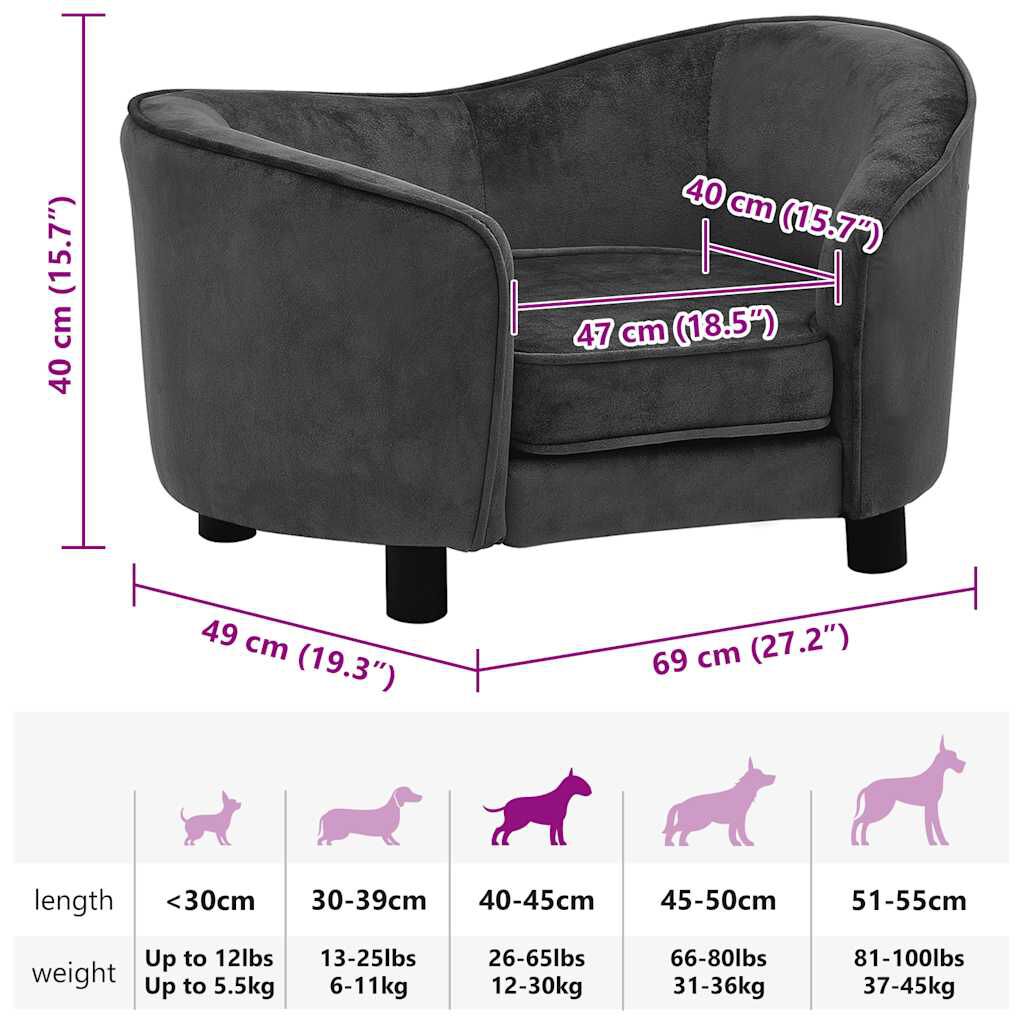 vidaXL Dog Sofa Dark Grey 69x49x40 cm Plush