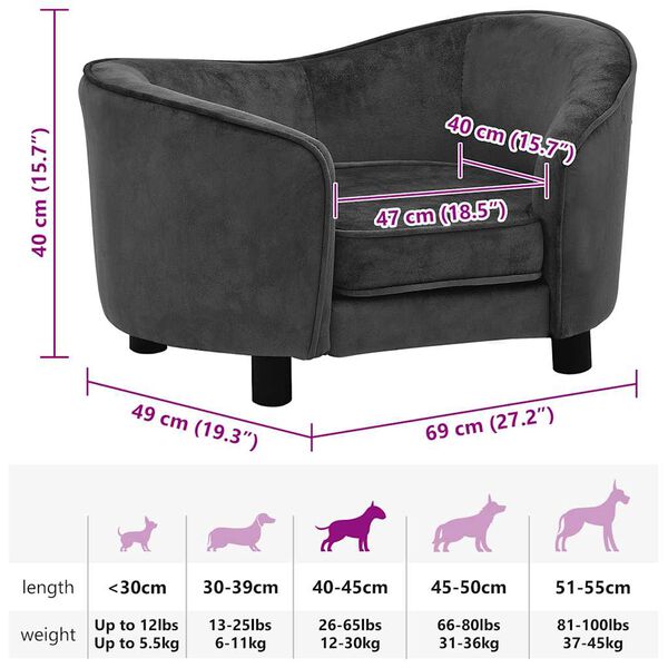 vidaXL Dog Sofa Dark Grey 69x49x40 cm Plush