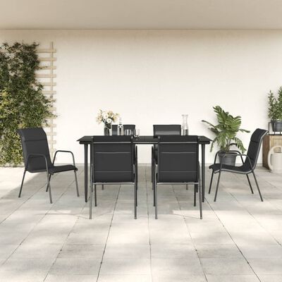 vidaXL 7 Piece Garden Dining Set Black Steel and Textilene