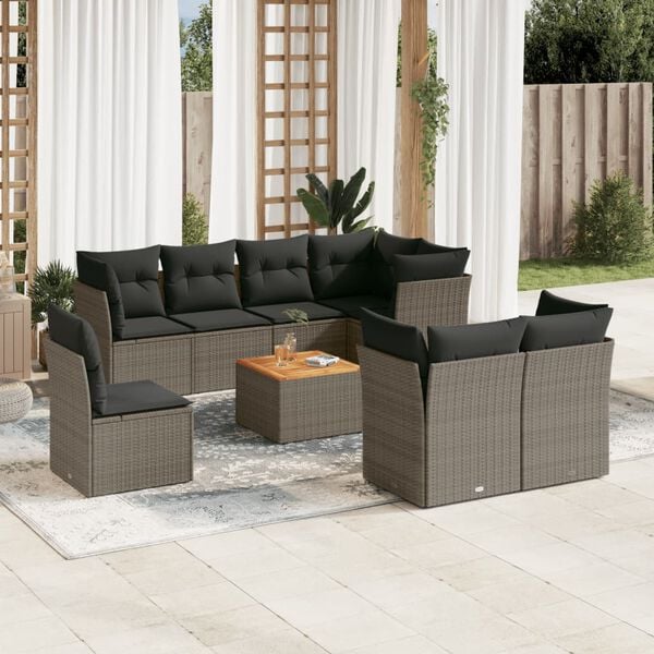 vidaXL 9 Piece Garden Sofa Set with Cushions Grey Poly Rattan