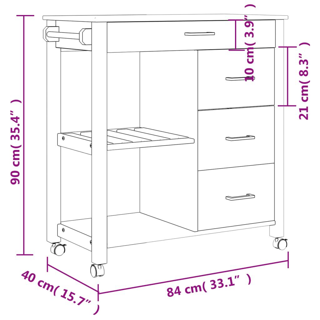 vidaXL Kitchen Trolley MONZA 84x40x90 cm Solid Wood Pine