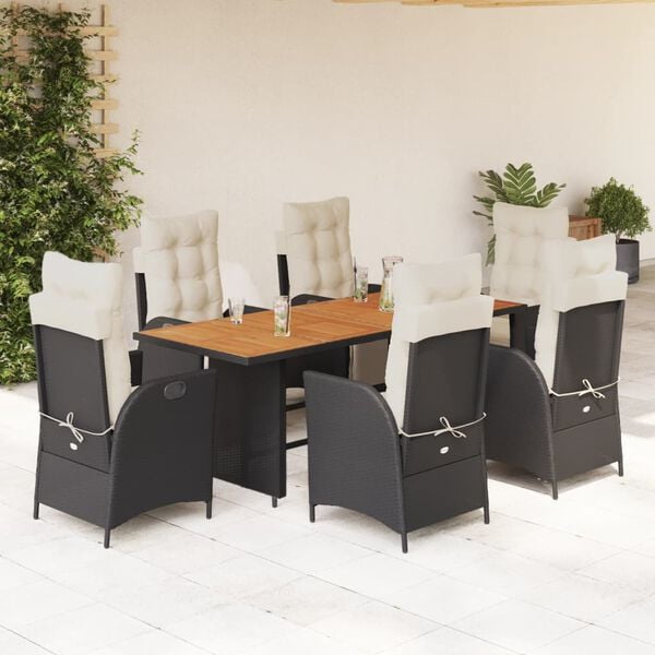 vidaXL 7 Piece Garden Dining Set with Cushions Black Poly Rattan