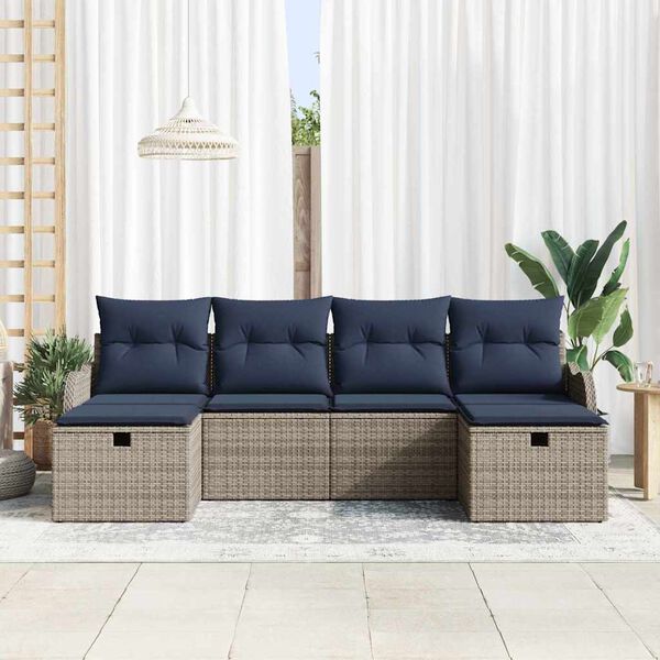 vidaXL Sofa Set with Cushion Manual 6 pcs Grey and Navy Poly Rattan