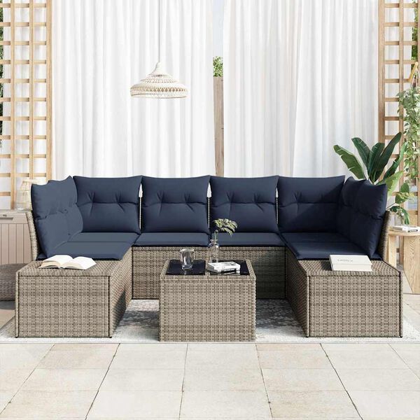 vidaXL Sofa Set with Cushion 7 pcs Grey Poly Rattan