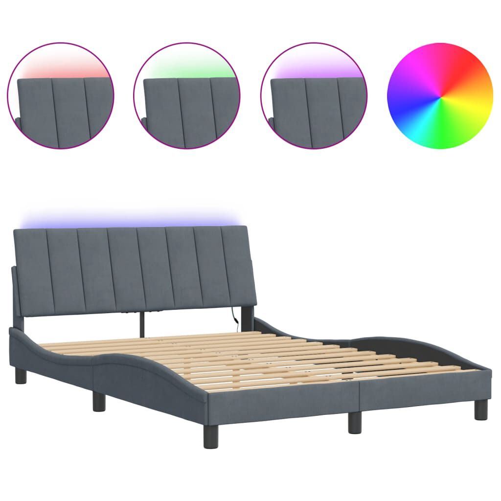 vidaXL Bed Frame with LED without Mattress Dark Grey 137x190 cm Velvet