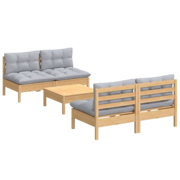vidaXL 5 Piece Garden Lounge Set with Grey Cushions Pinewood