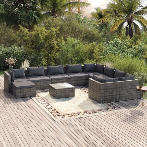 vidaXL 11 Piece Garden Lounge Set with Cushions Poly Rattan Grey