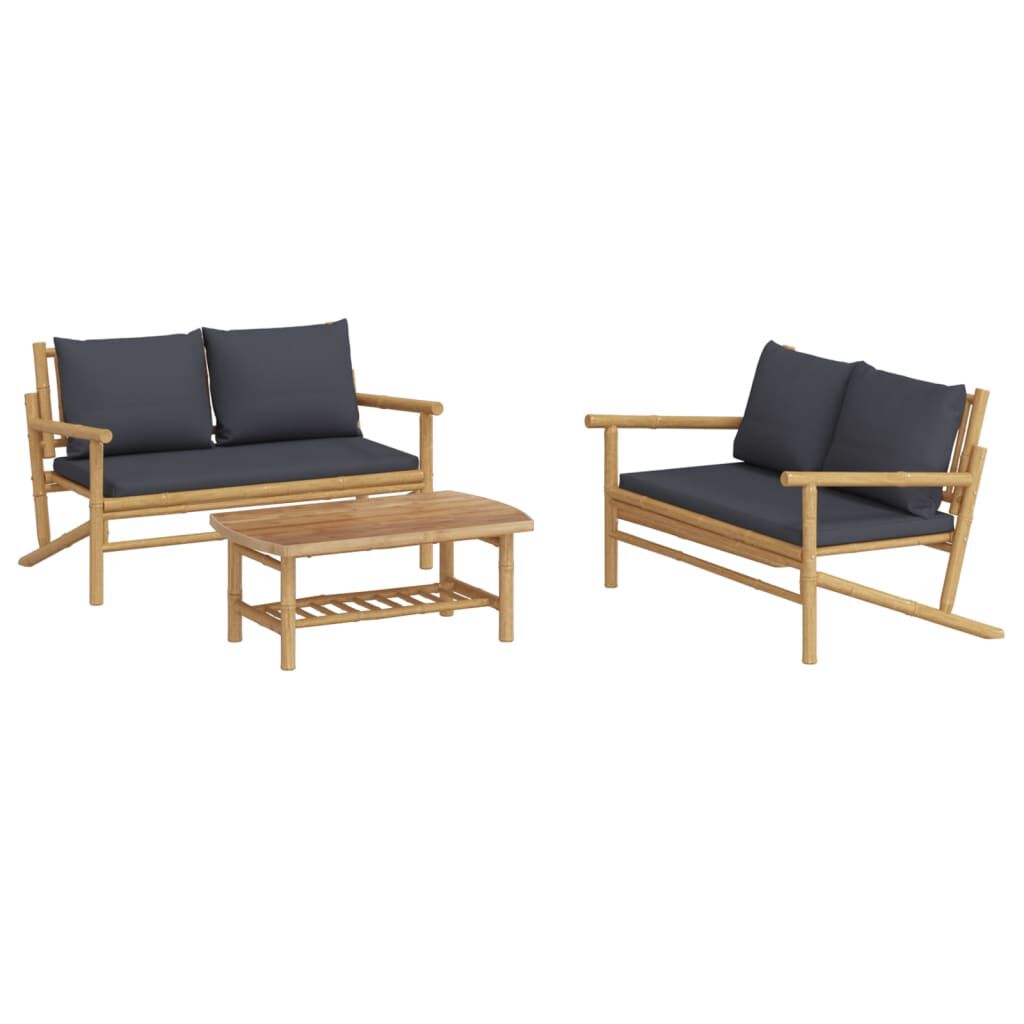 vidaXL 3 Piece Garden Lounge Set with Dark Grey Cushions Bamboo