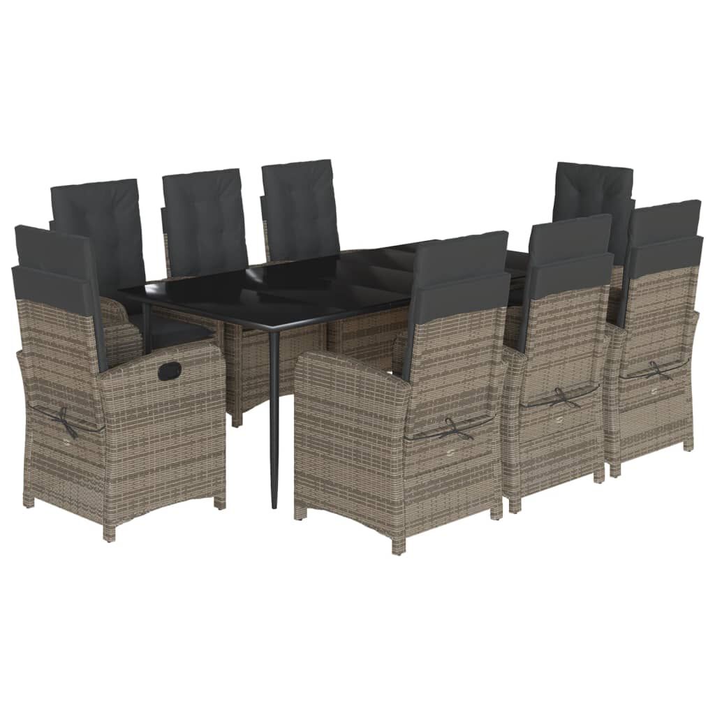 vidaXL 9 Piece Garden Dining Set with Cushions Grey Poly Rattan