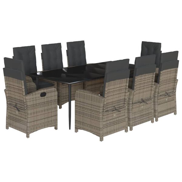 vidaXL 9 Piece Garden Dining Set with Cushions Grey Poly Rattan