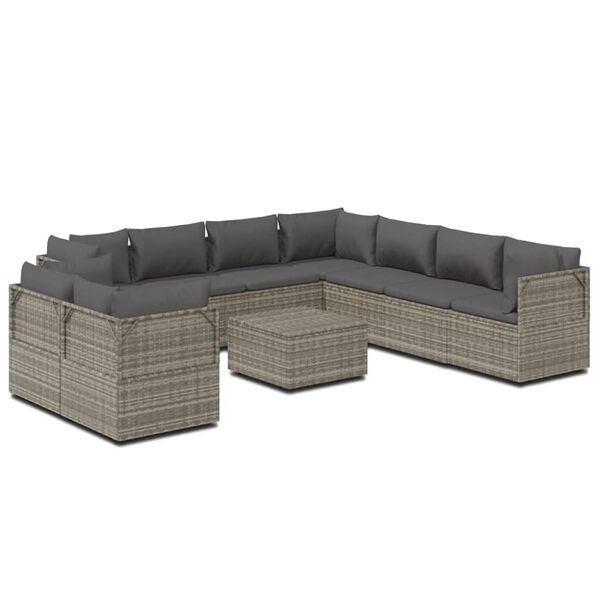 vidaXL 10 Piece Garden Lounge Set with Cushions Grey Poly Rattan