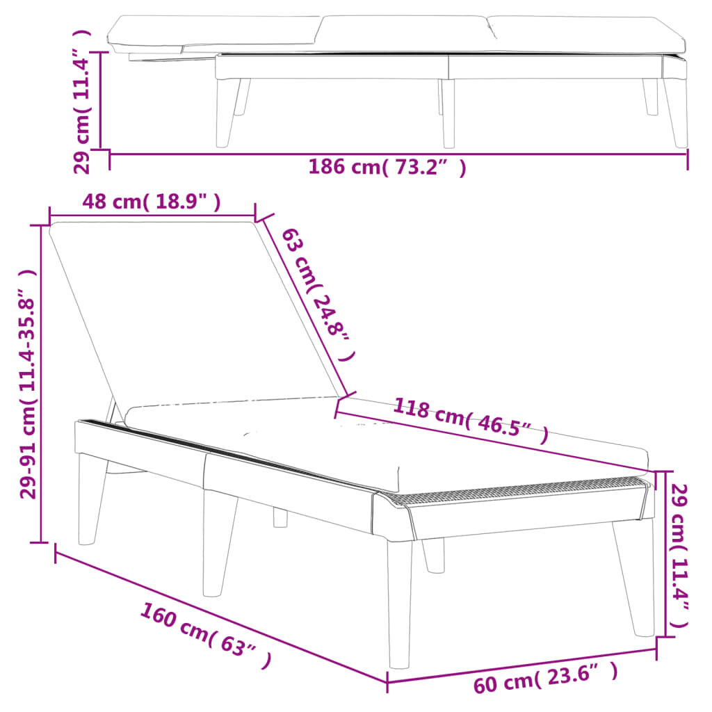 vidaXL Sun Lounger with Cushion Anthracite 186x60x29 cm PP
