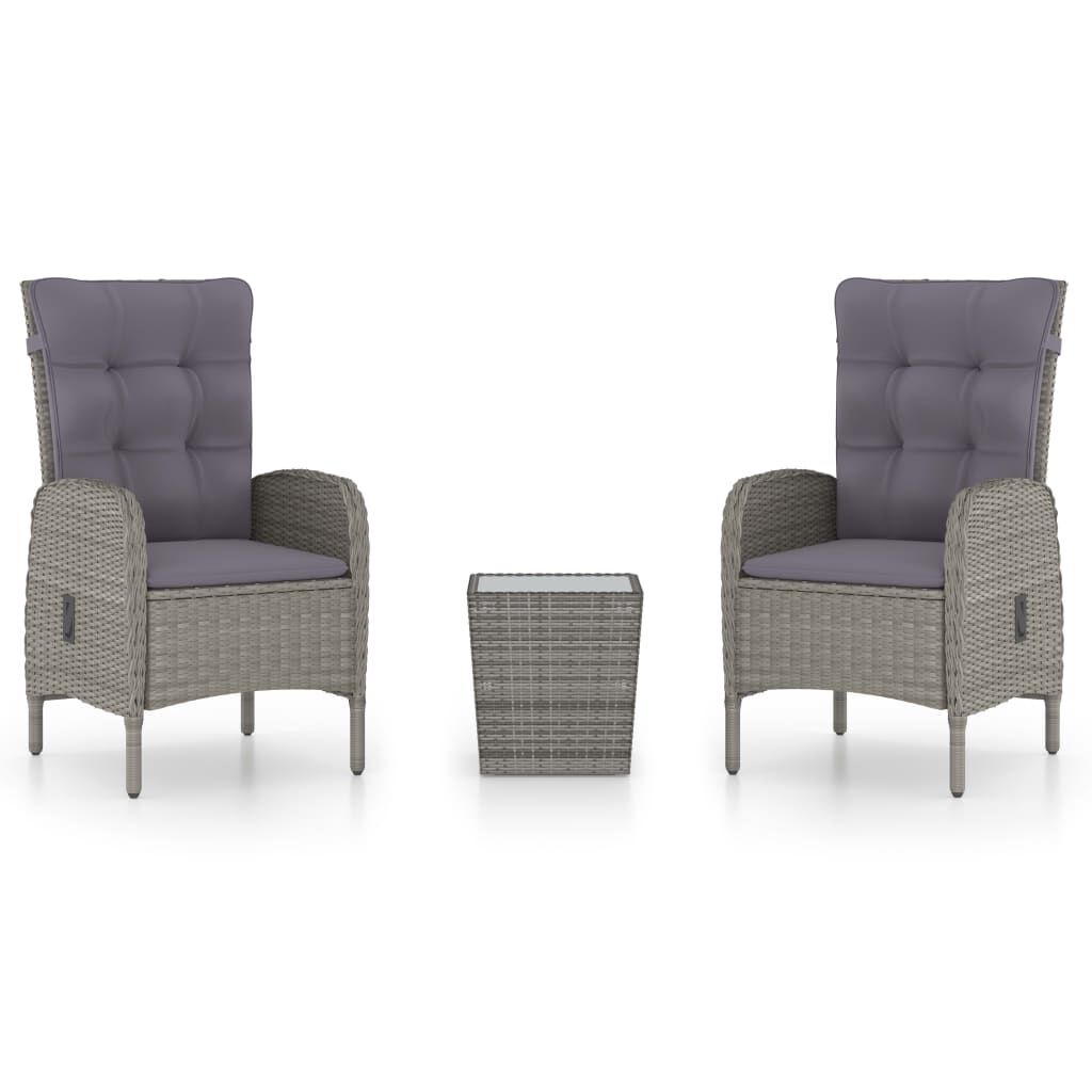 vidaXL 3 Piece Garden Bistro Set Poly Rattan and Glass Grey