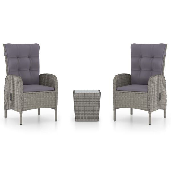 vidaXL 3 Piece Garden Bistro Set Poly Rattan and Glass Grey