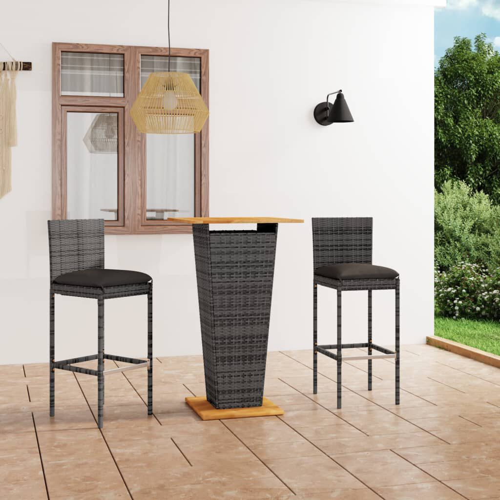 vidaXL 3 Piece Garden Bar Set with Cushions Poly Rattan Grey