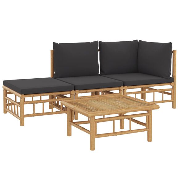 vidaXL 4 Piece Garden Lounge Set with Dark Grey Cushions Bamboo