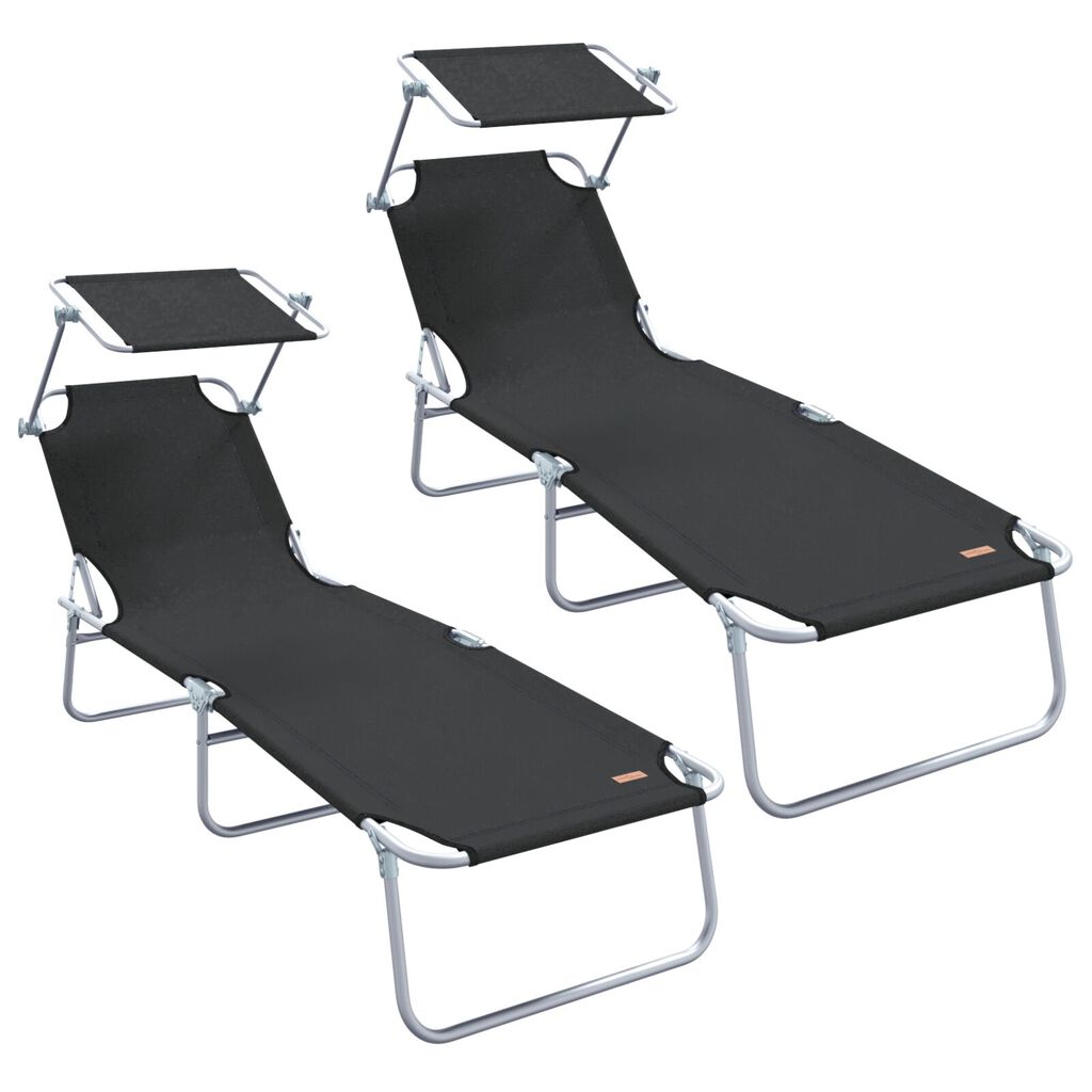 vidaXL Folding Sun Lounger with Canopy Steel and Fabric Black