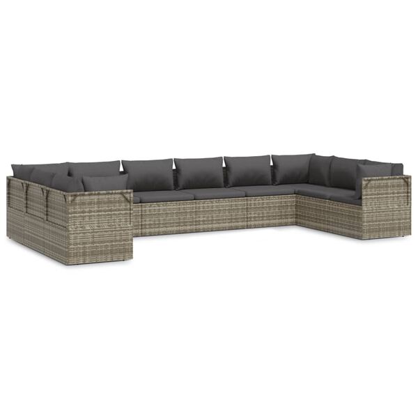 vidaXL 10 Piece Garden Lounge Set with Cushions Grey Poly Rattan
