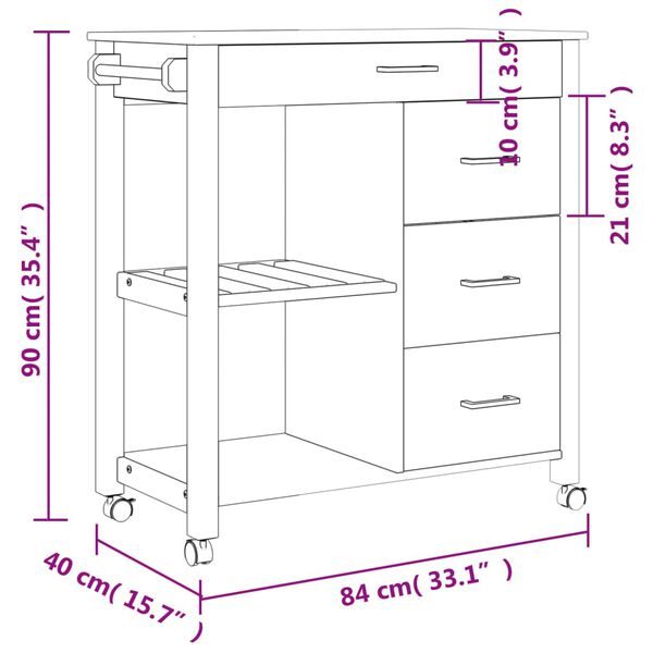 vidaXL Kitchen Trolley MONZA 84x40x90 cm Solid Wood Pine