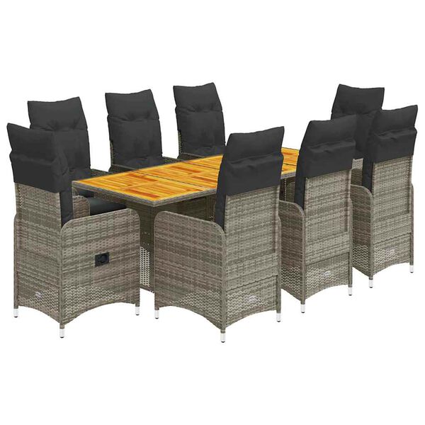 vidaXL 9 Piece Garden Bistro Set with Cushions Grey Poly Rattan