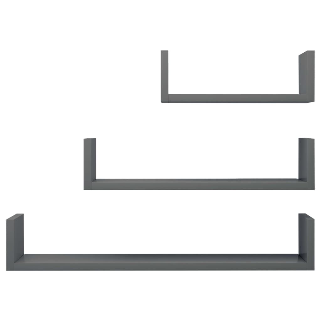 vidaXL Wall Display Shelf 3 pcs High Gloss Grey Engineered Wood